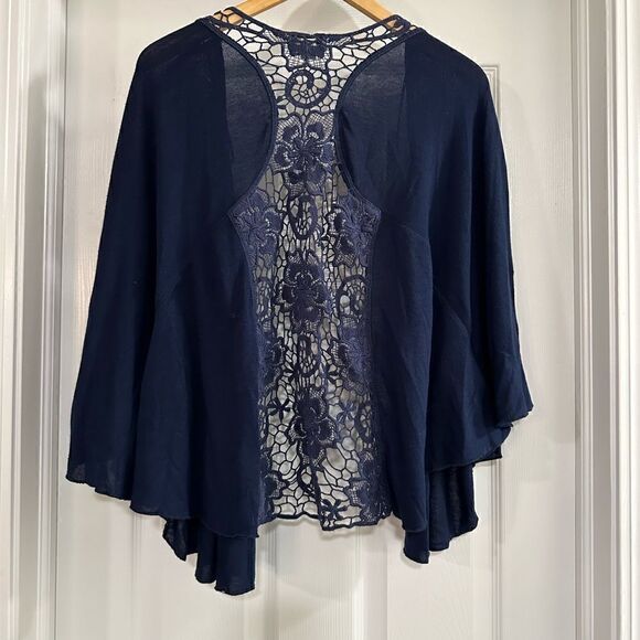 Live and Let Live Cardigan Sweater navy crochet back Size small - Picture 2 of 4
